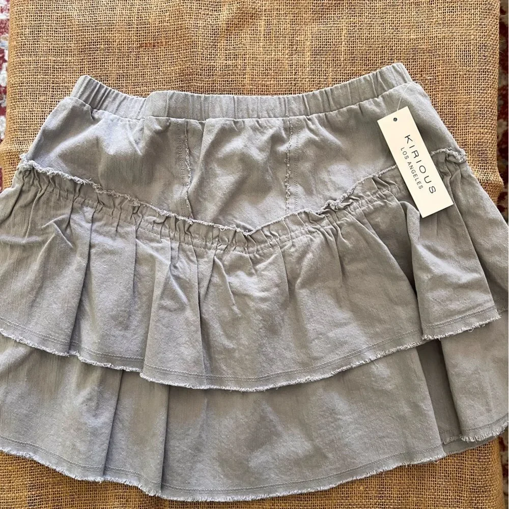 Denim Tiered Mini Skirt NWT w ruffled layers Chambray denim to light blue gray